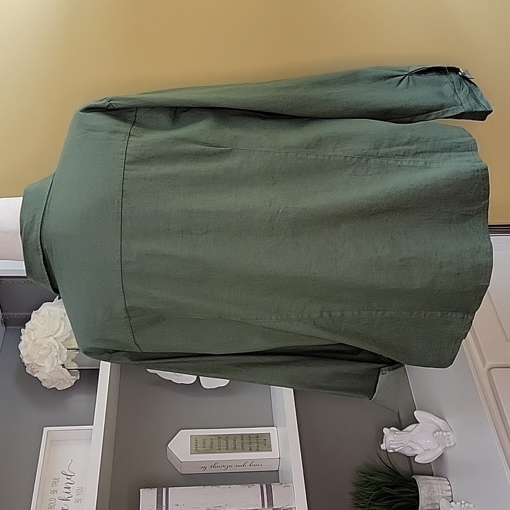 Olive Green Button-up Layering Top Ruched Trim - Picture 4 of 7
